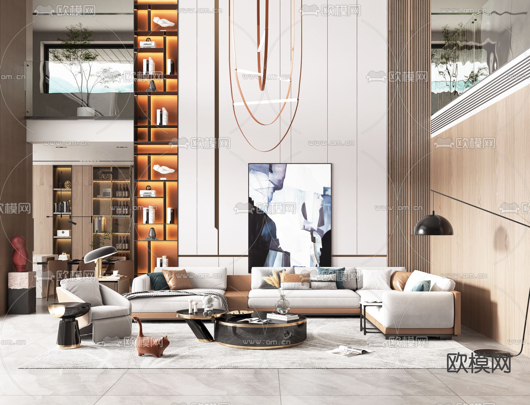 现代轻奢别墅客厅餐厅3d模型下载