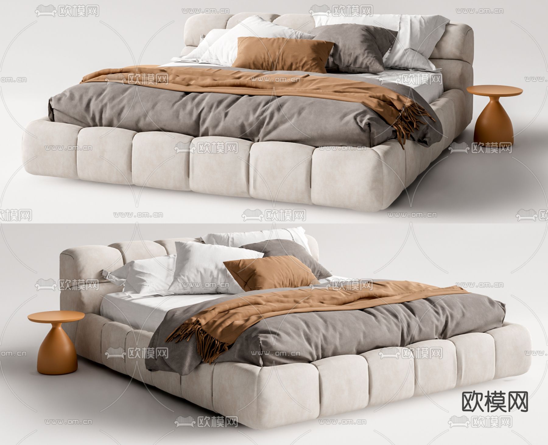 现代布艺双人床su模型下载（渲染图1）