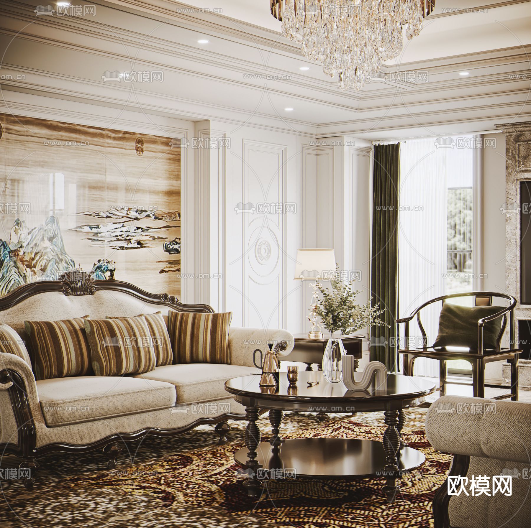 美式客厅3d模型下载（渲染图3）