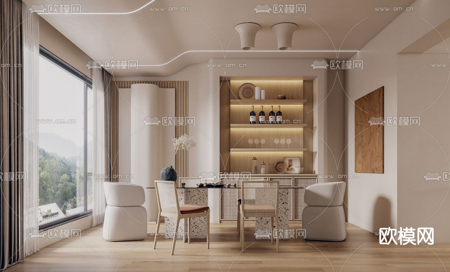 侘寂复式客厅餐厅3d模型下载（渲染图2）