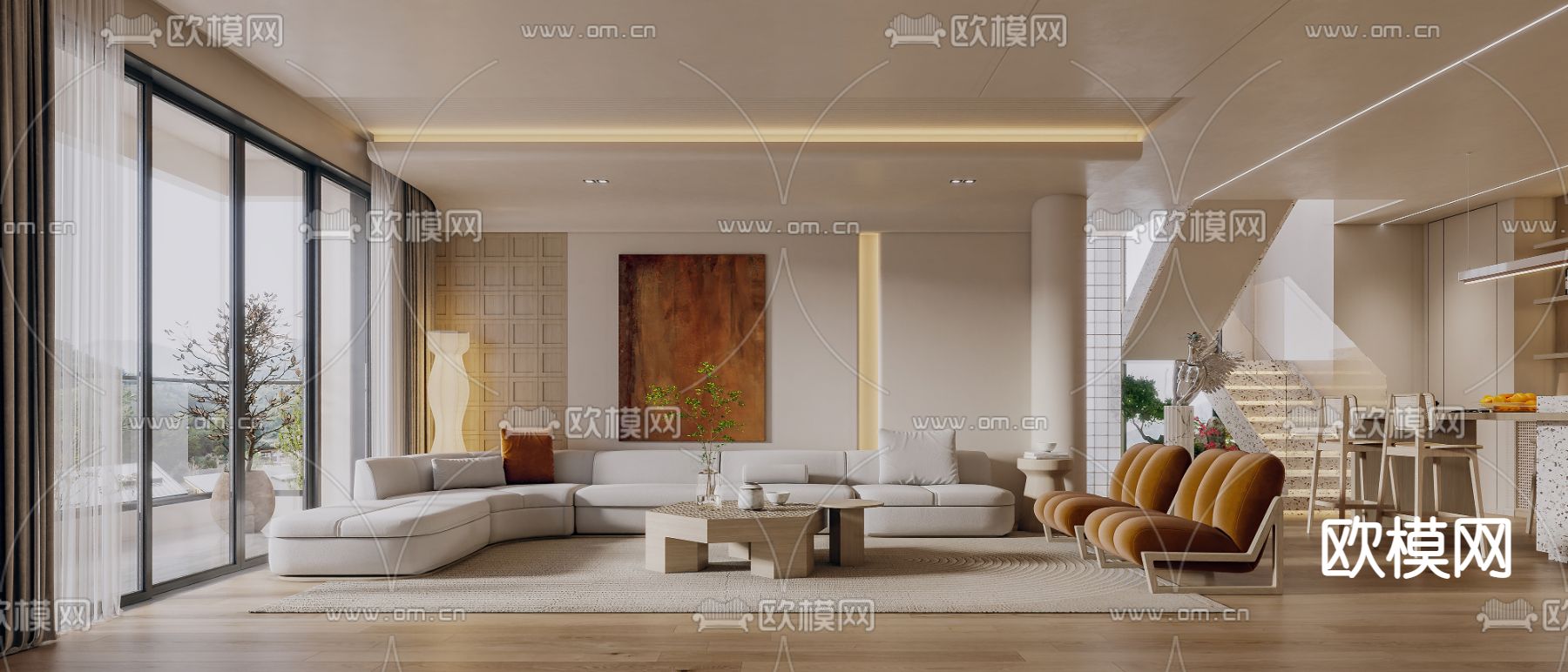 侘寂复式客厅餐厅3d模型下载（渲染图1）