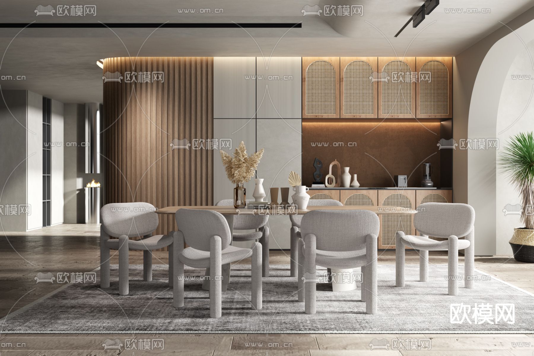 侘寂实木餐桌椅3d模型下载