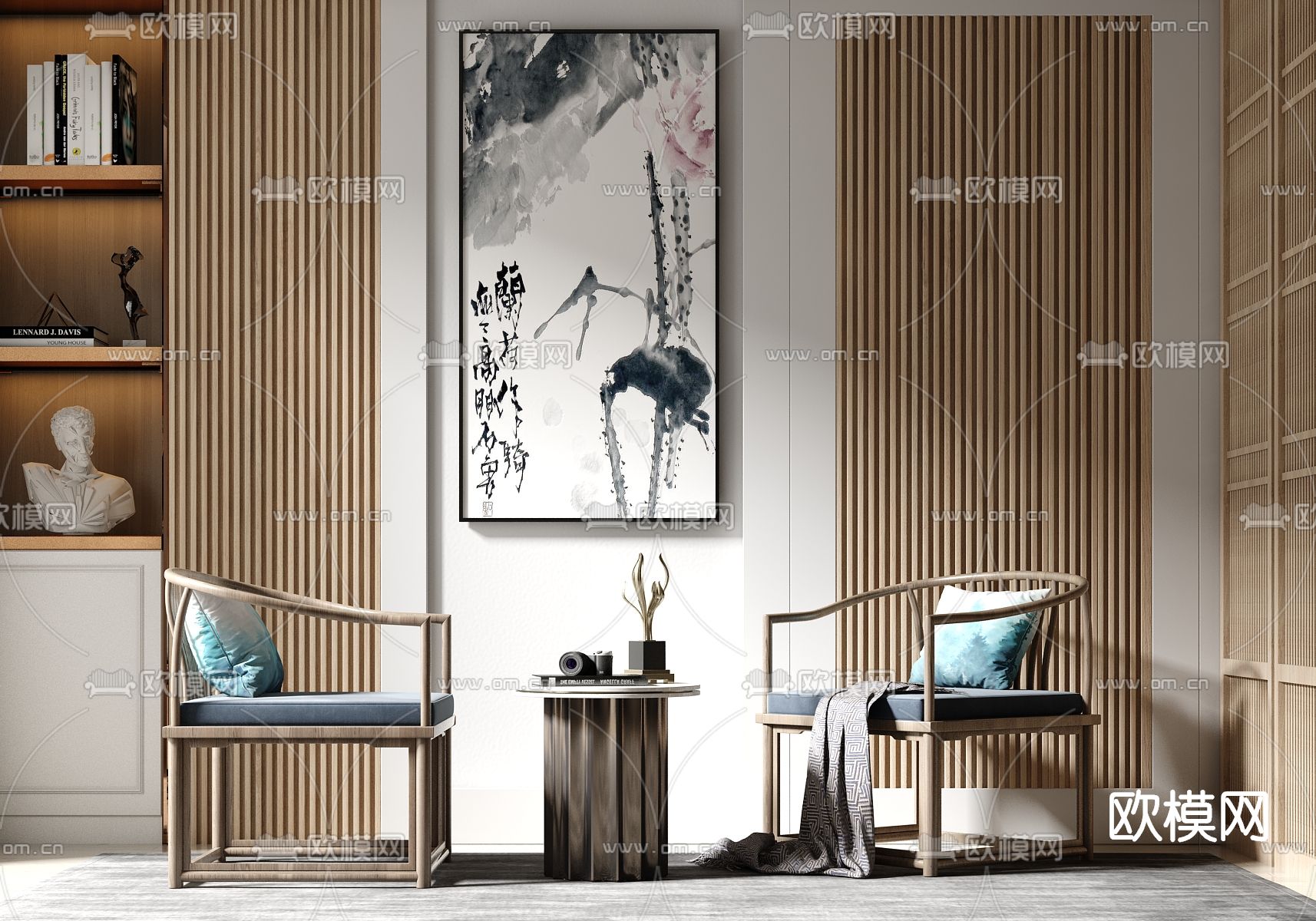 新中式实木休闲椅su模型下载（渲染图1）