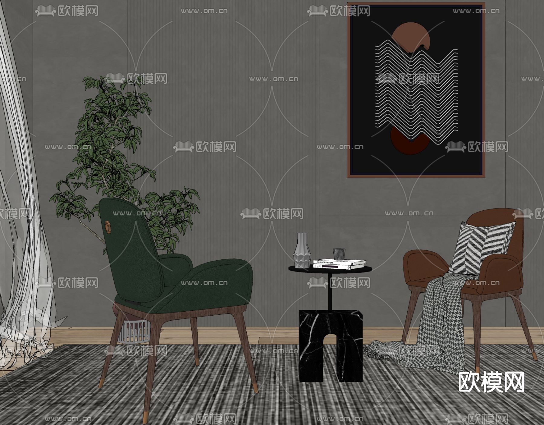 现代皮革休闲椅su模型下载（渲染图2）