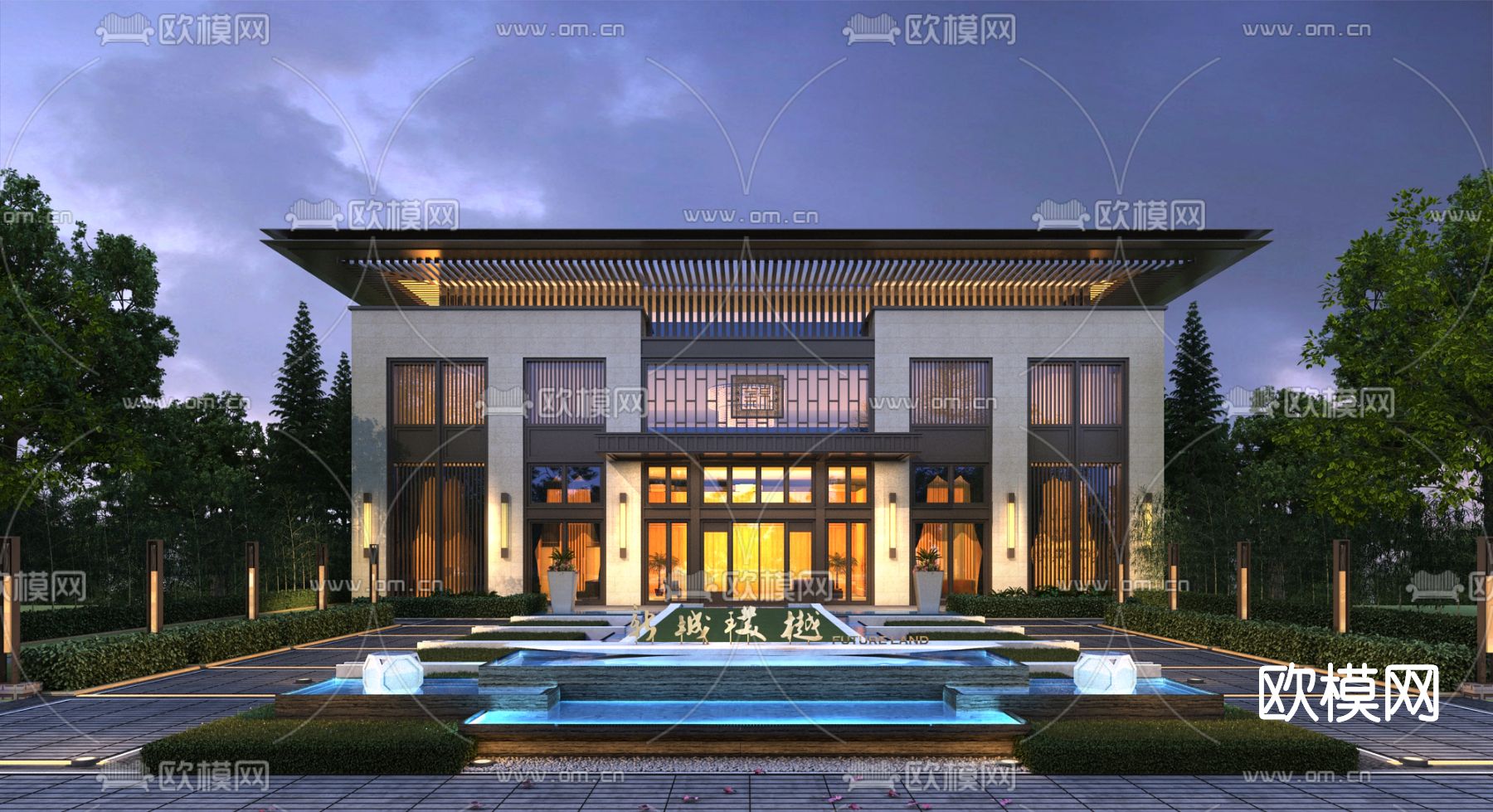 新中式售楼处外观su模型下载_ID11694138_sketchup模型下载-欧模网