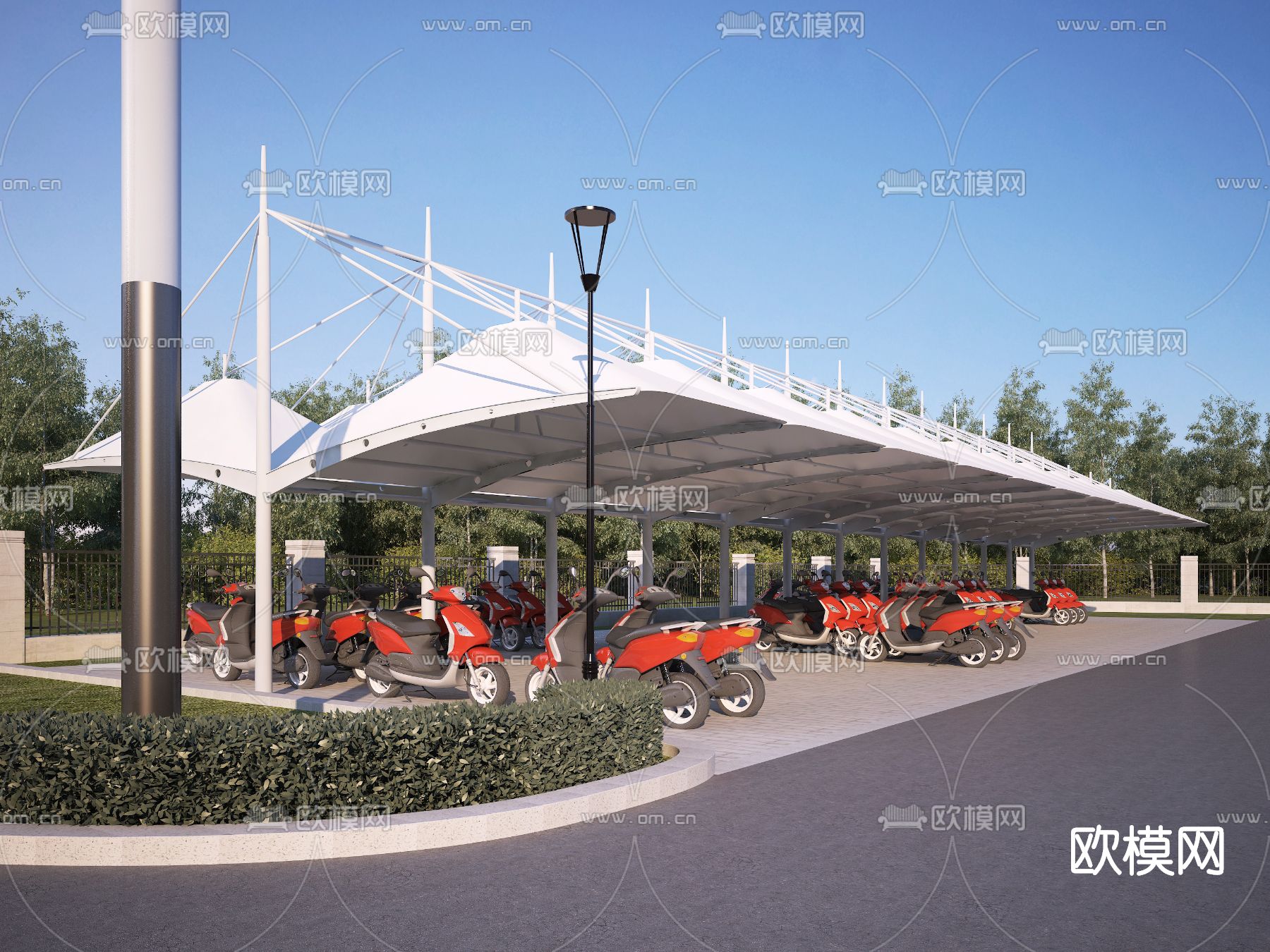现代电动车停车棚su模型下载（渲染图1）