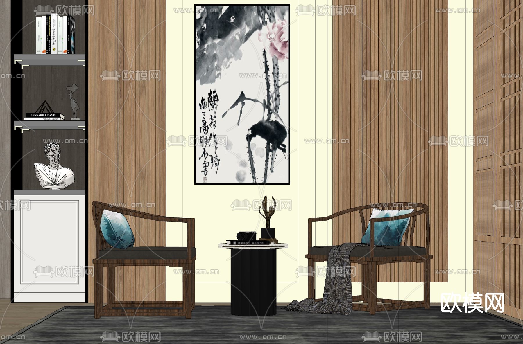 新中式实木休闲椅su模型下载（渲染图2）