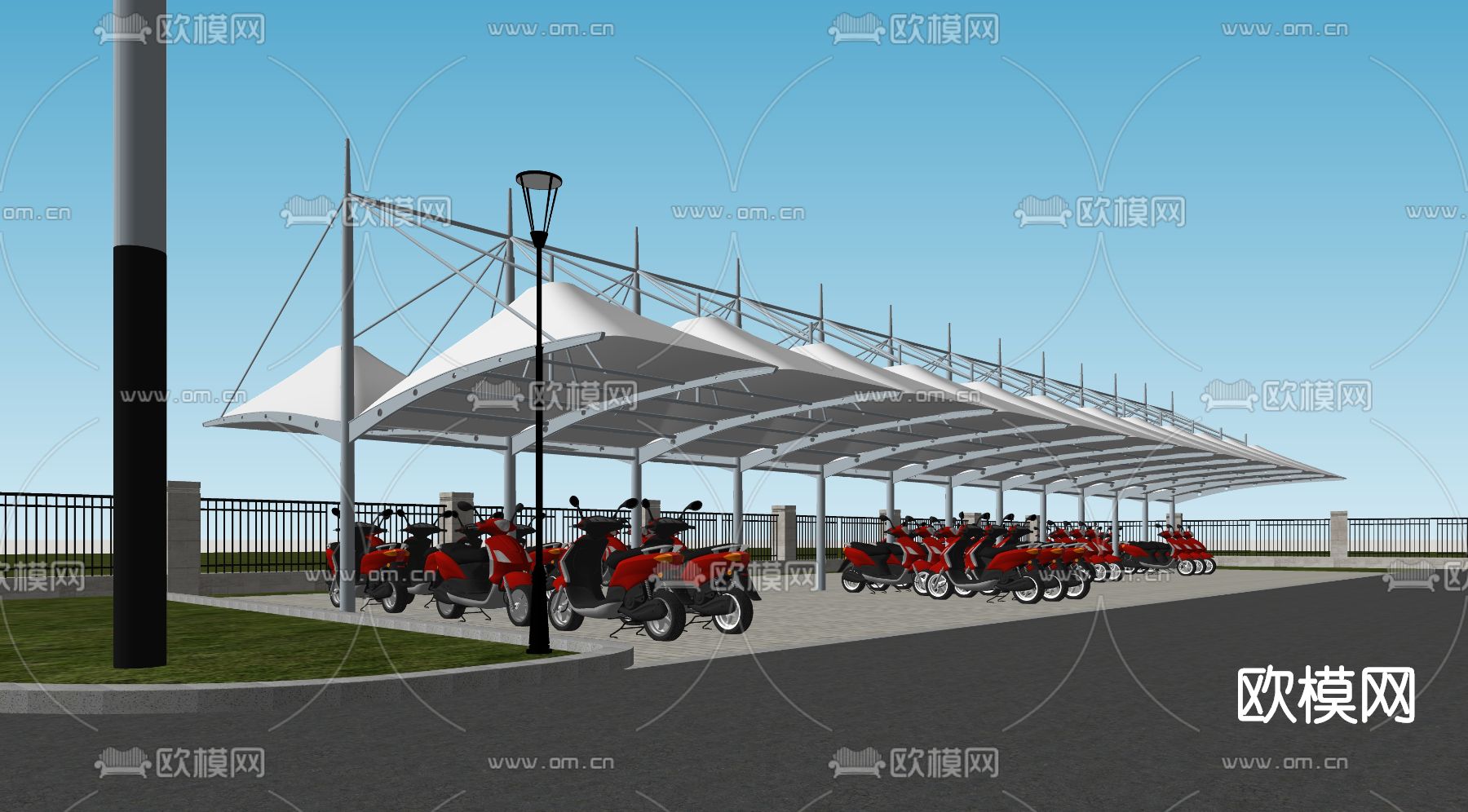 现代电动车停车棚su模型下载（渲染图2）