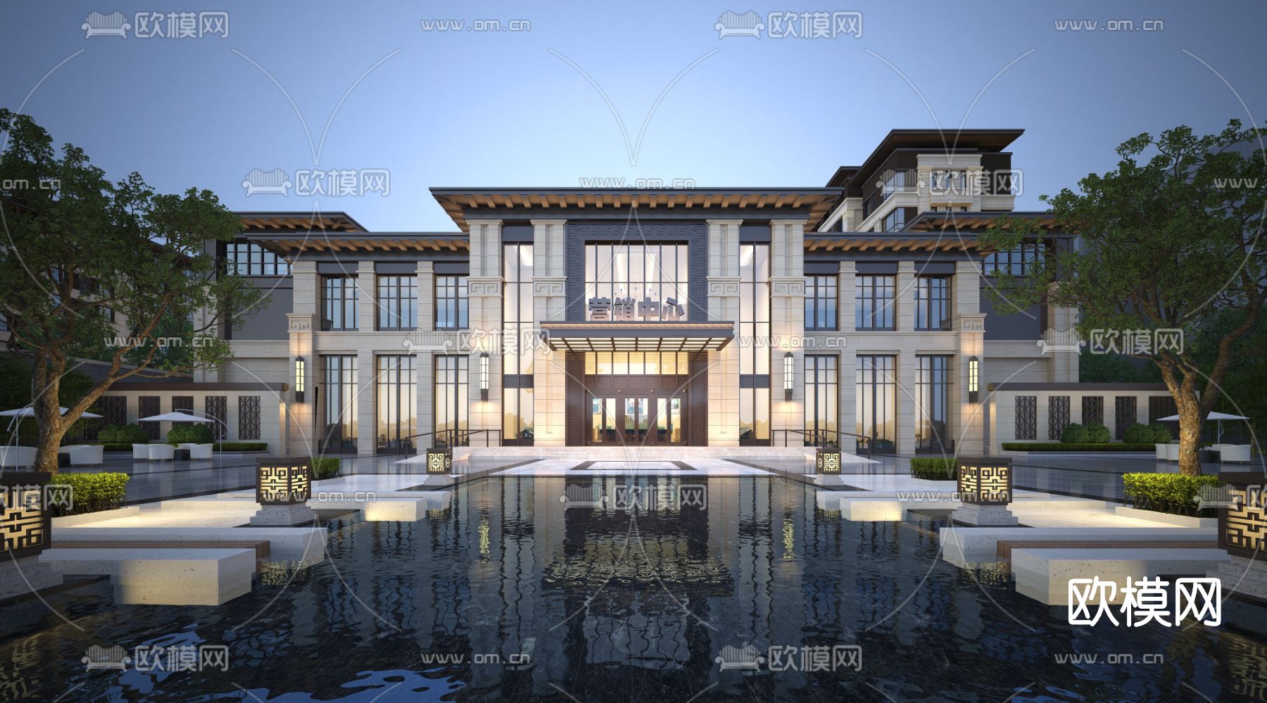 新中式售楼处外观su模型下载_ID11693795_sketchup模型下载-欧模网