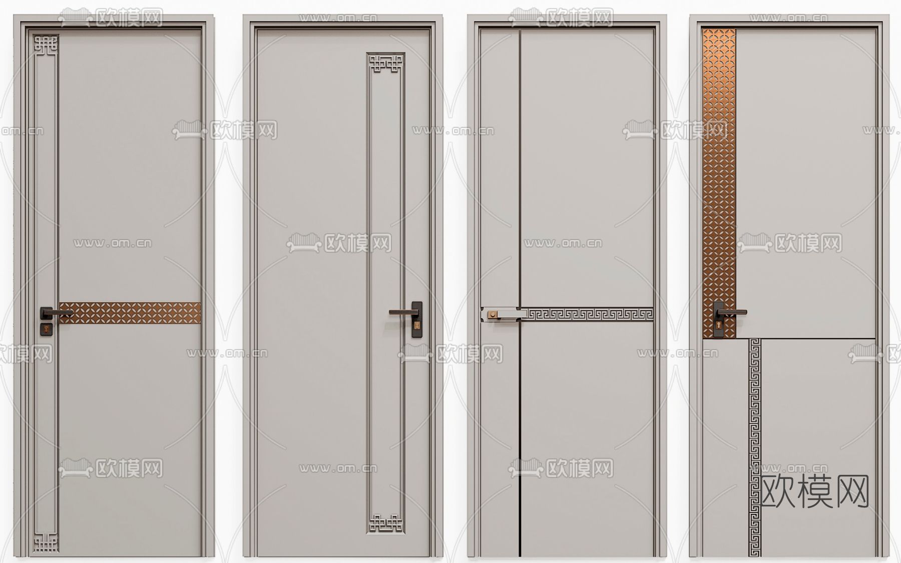 新中式单开门房门双开门3d模型下载（渲染图3）