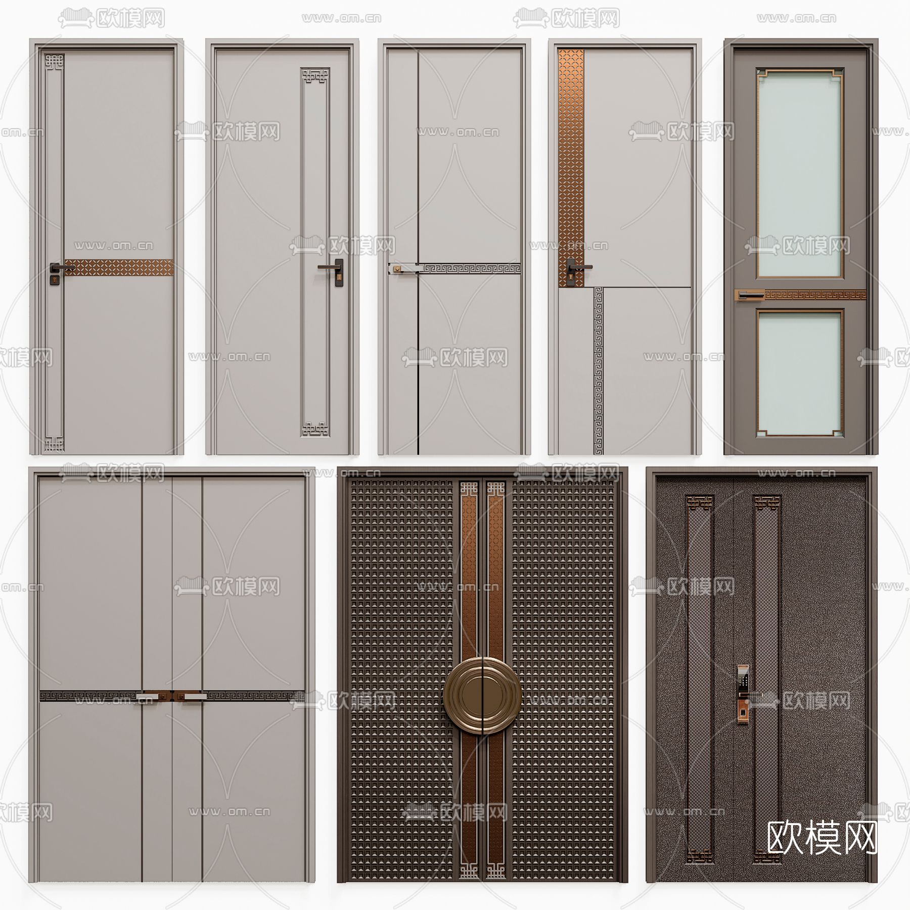 新中式单开门房门双开门3d模型下载（渲染图1）