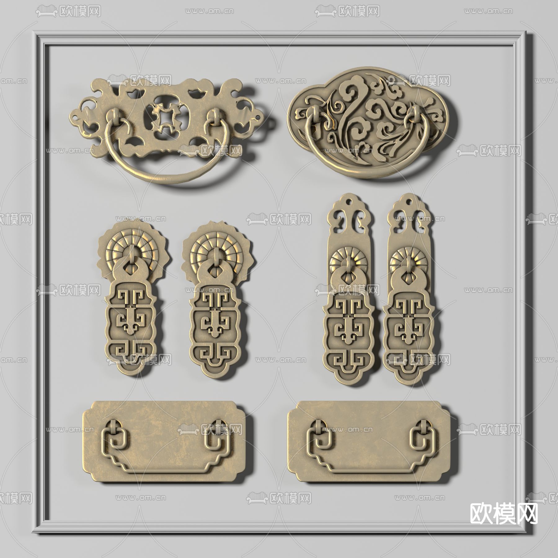 新中式纯铜拉手门把手3d模型下载