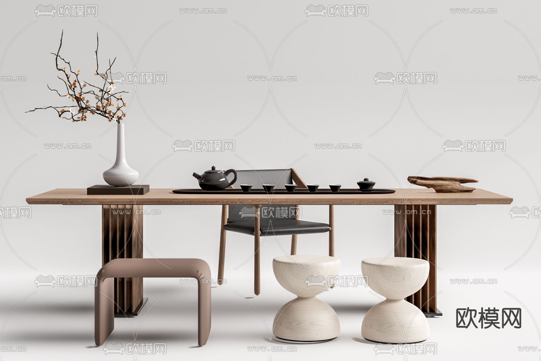 新中式实木茶桌椅su模型