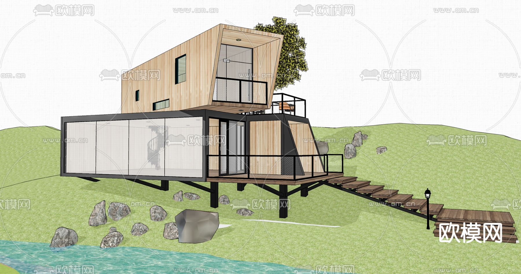 现代集装箱民宿su模型下载（渲染图3）