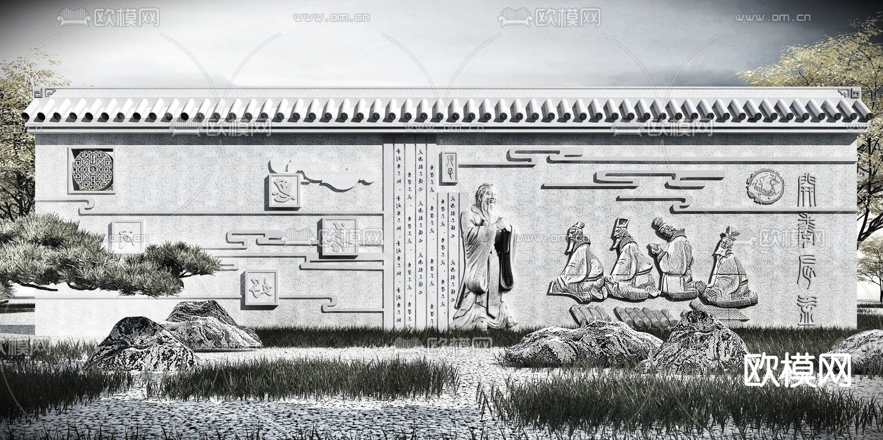 新中式孔子浮雕墙小品3d模型下载