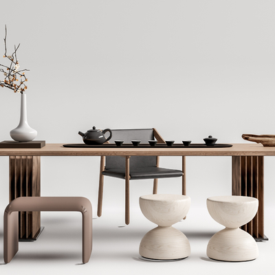 新中式实木茶桌椅su模型