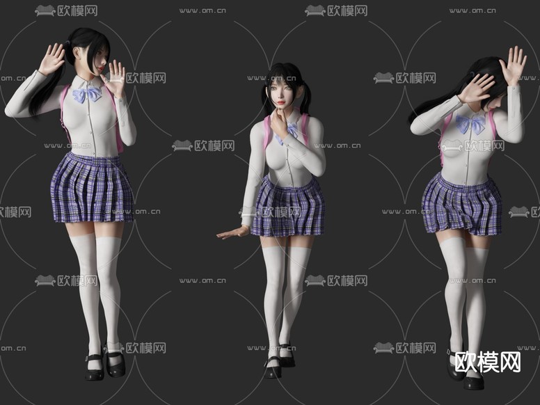 现代JK制服学生美女人物3d模型下载(渲染图1)