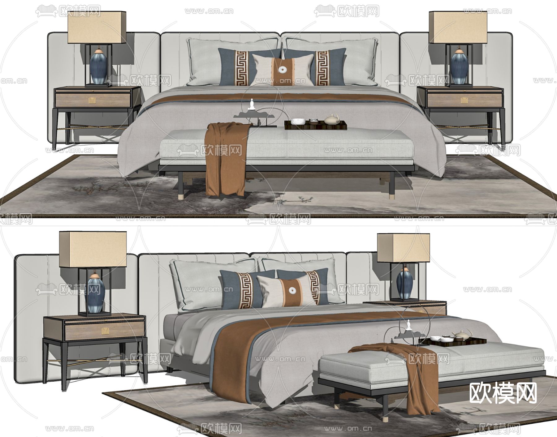 新中式布艺双人床su模型下载（渲染图2）