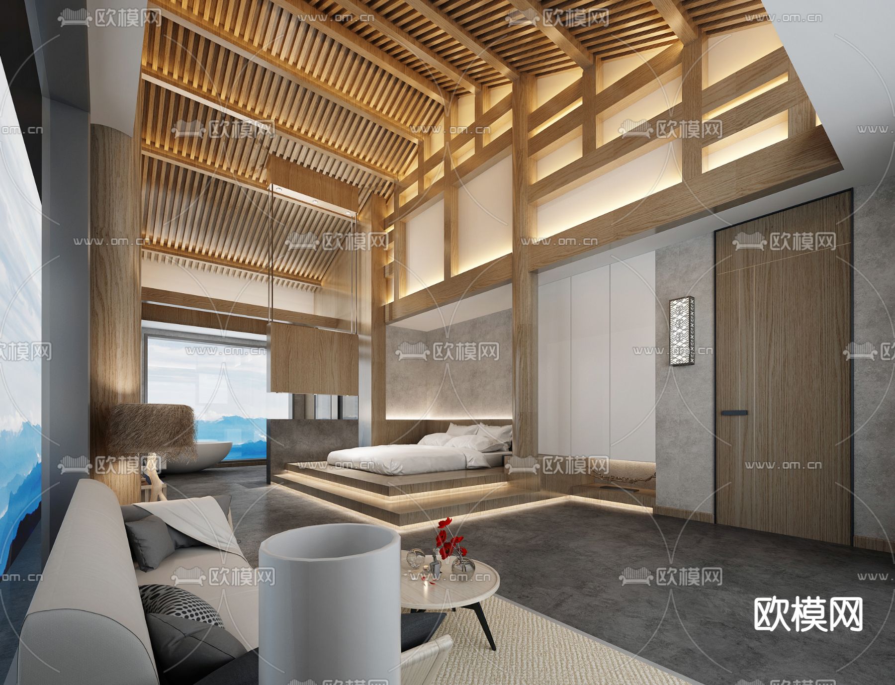 现代民宿酒店客房3d模型下载（渲染图1）