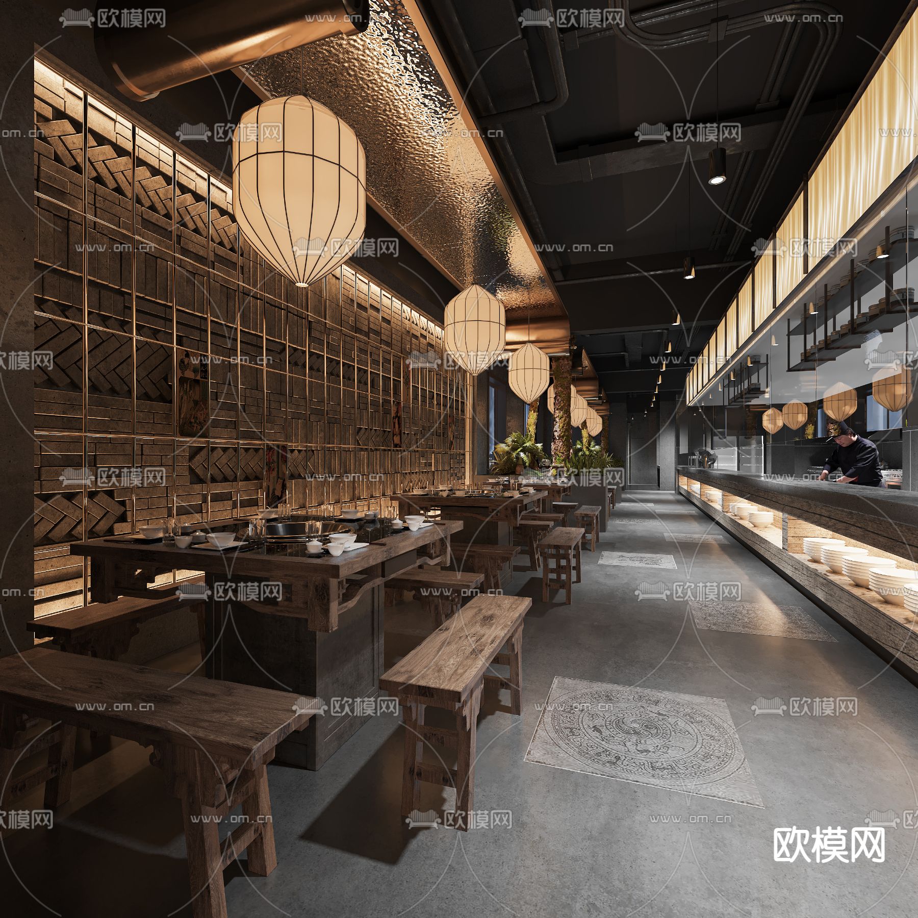 侘寂风火锅店3d模型下载（渲染图3）