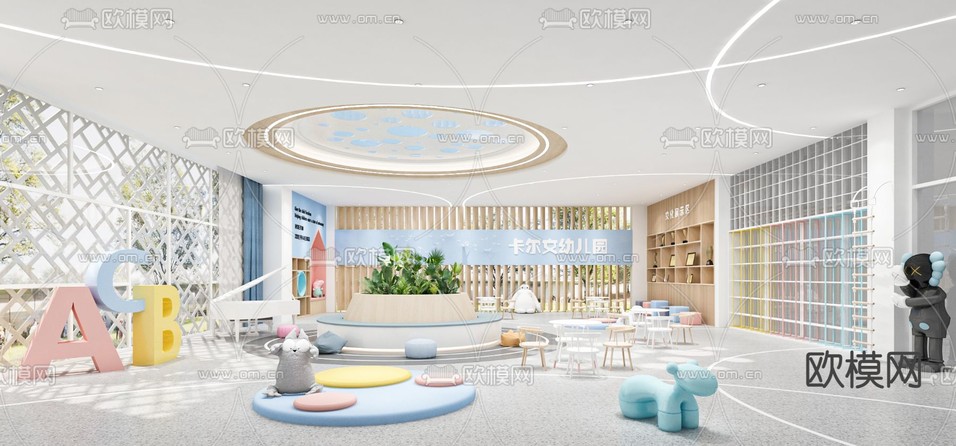 现代幼儿园前台大厅3d模型下载