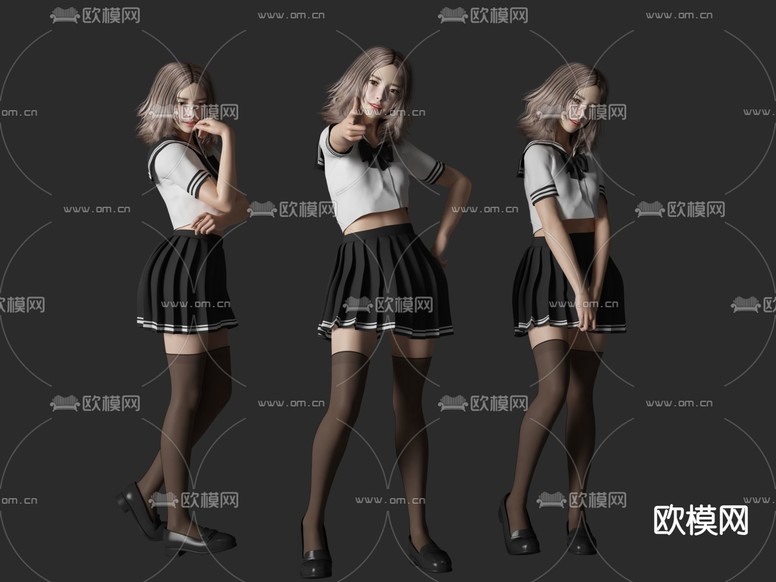 现代JK制服学生美女人物3d模型下载(渲染图1)