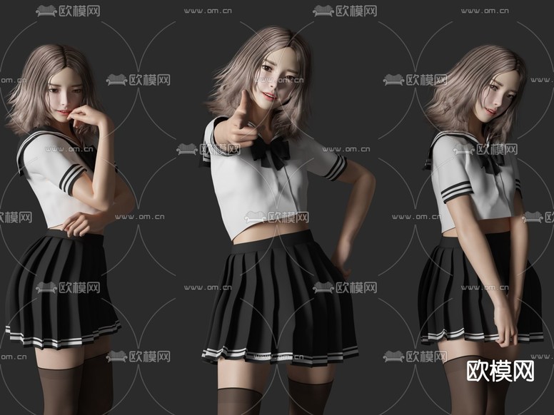 现代JK制服学生美女人物3d模型下载(渲染图2)