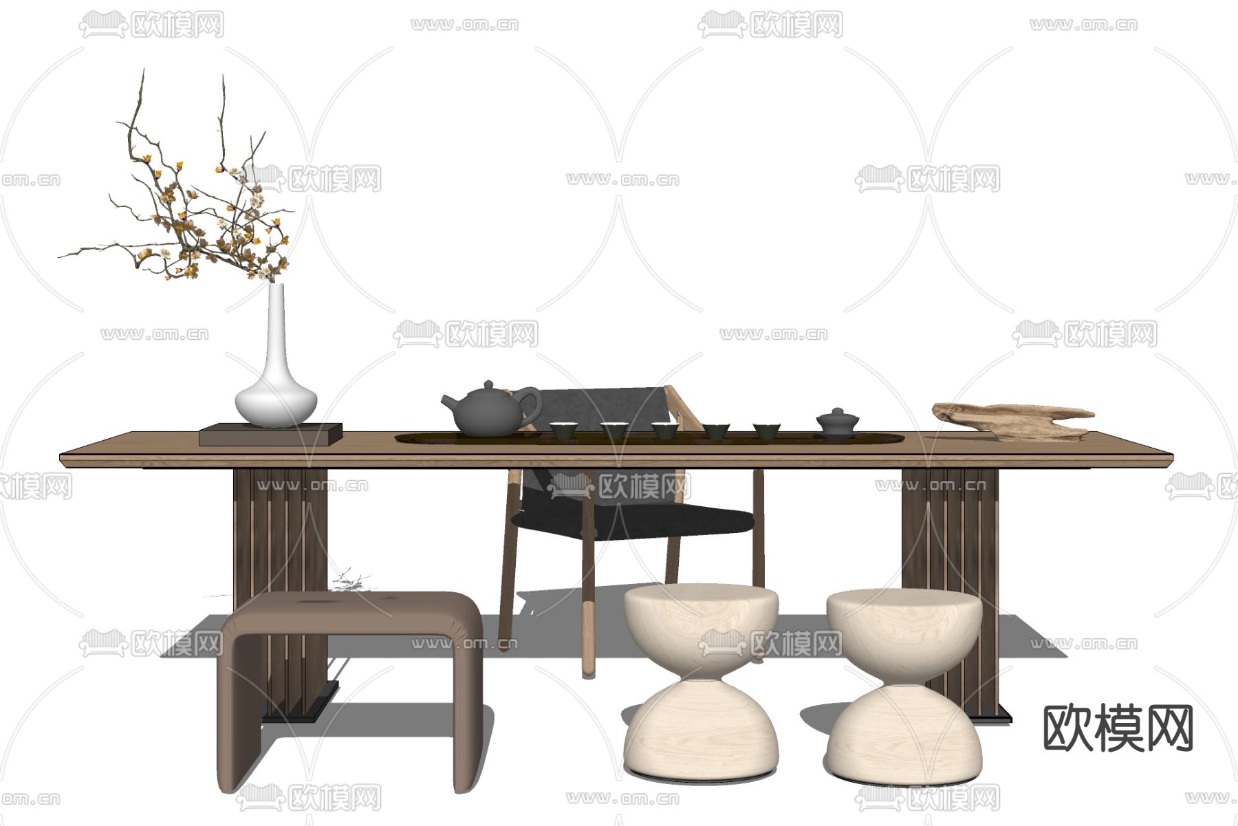 新中式实木茶桌椅su模型
