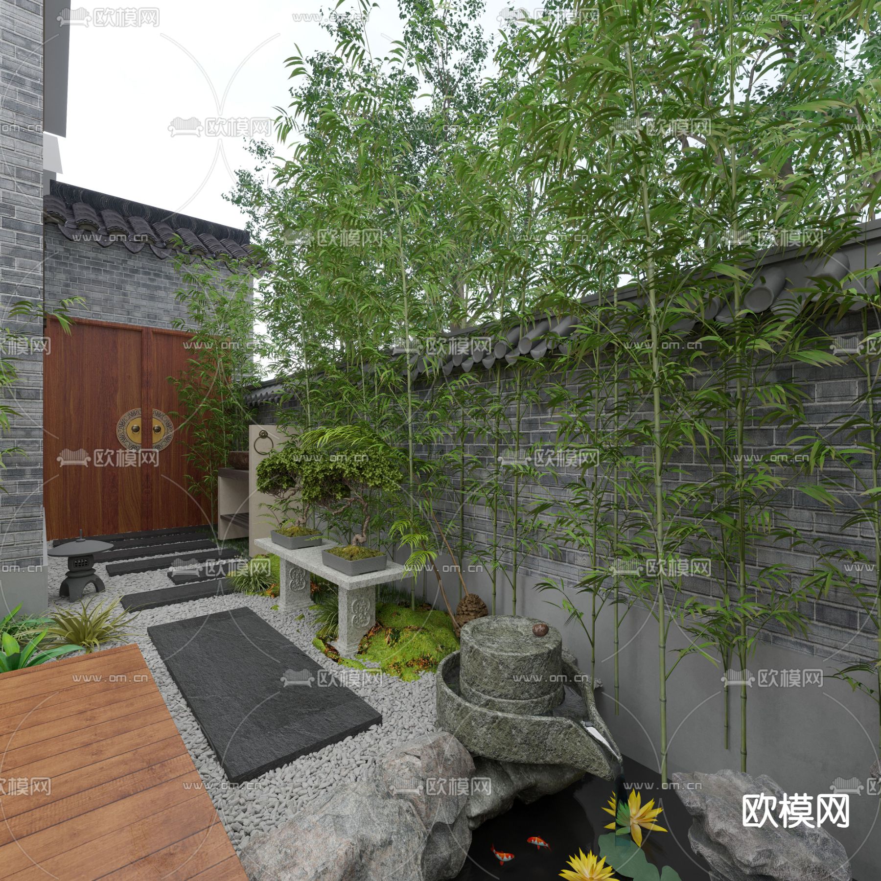 新中式别墅庭院3d模型下载（渲染图2）