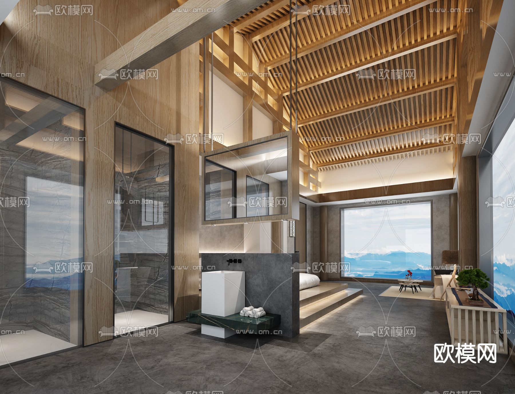 现代民宿酒店客房3d模型下载（渲染图2）