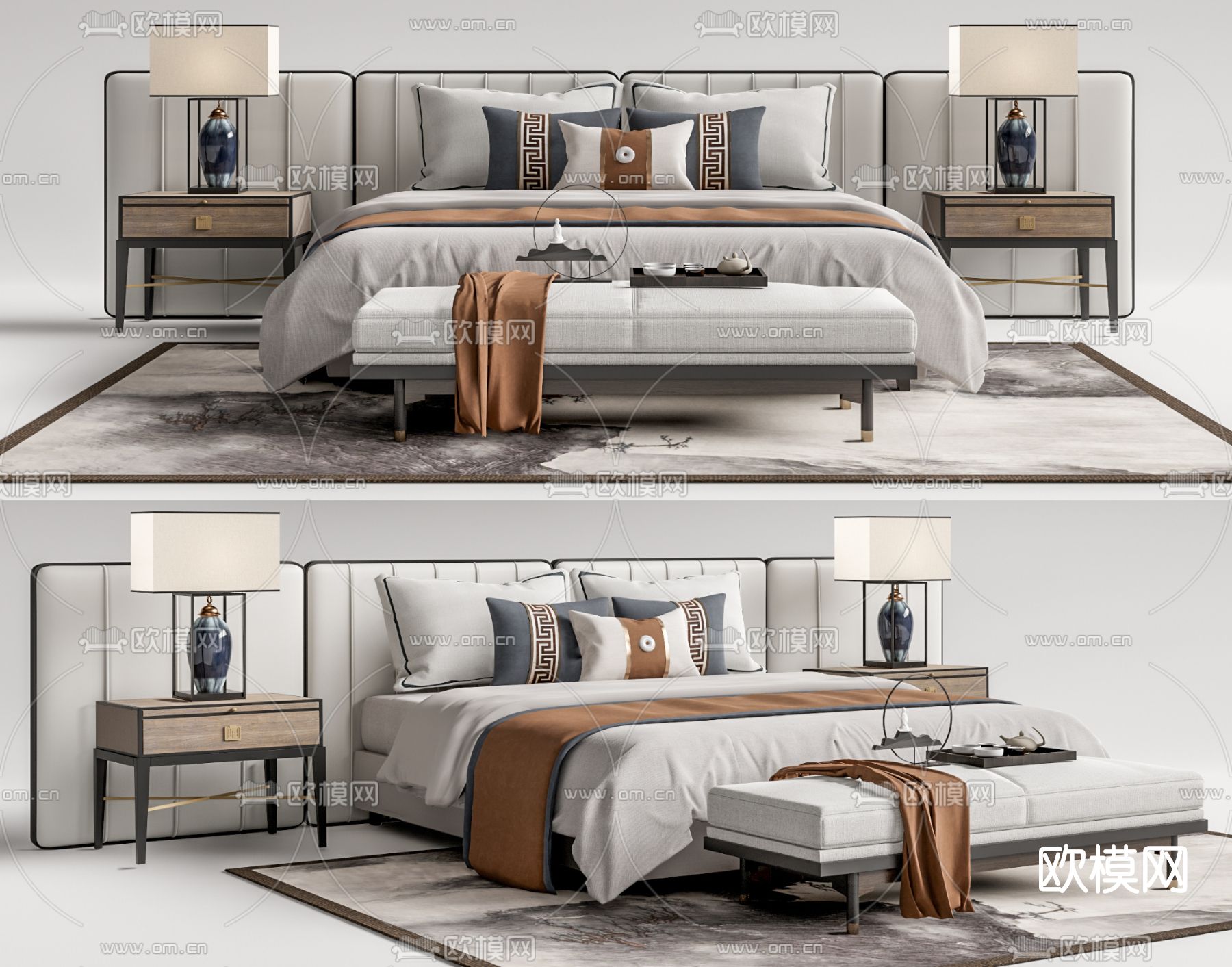 新中式布艺双人床su模型下载（渲染图1）