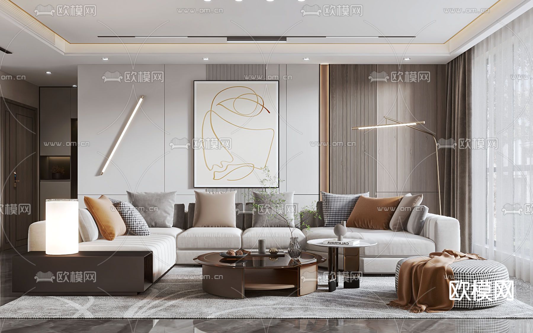 现代轻奢客厅3d模型下载（渲染图1）