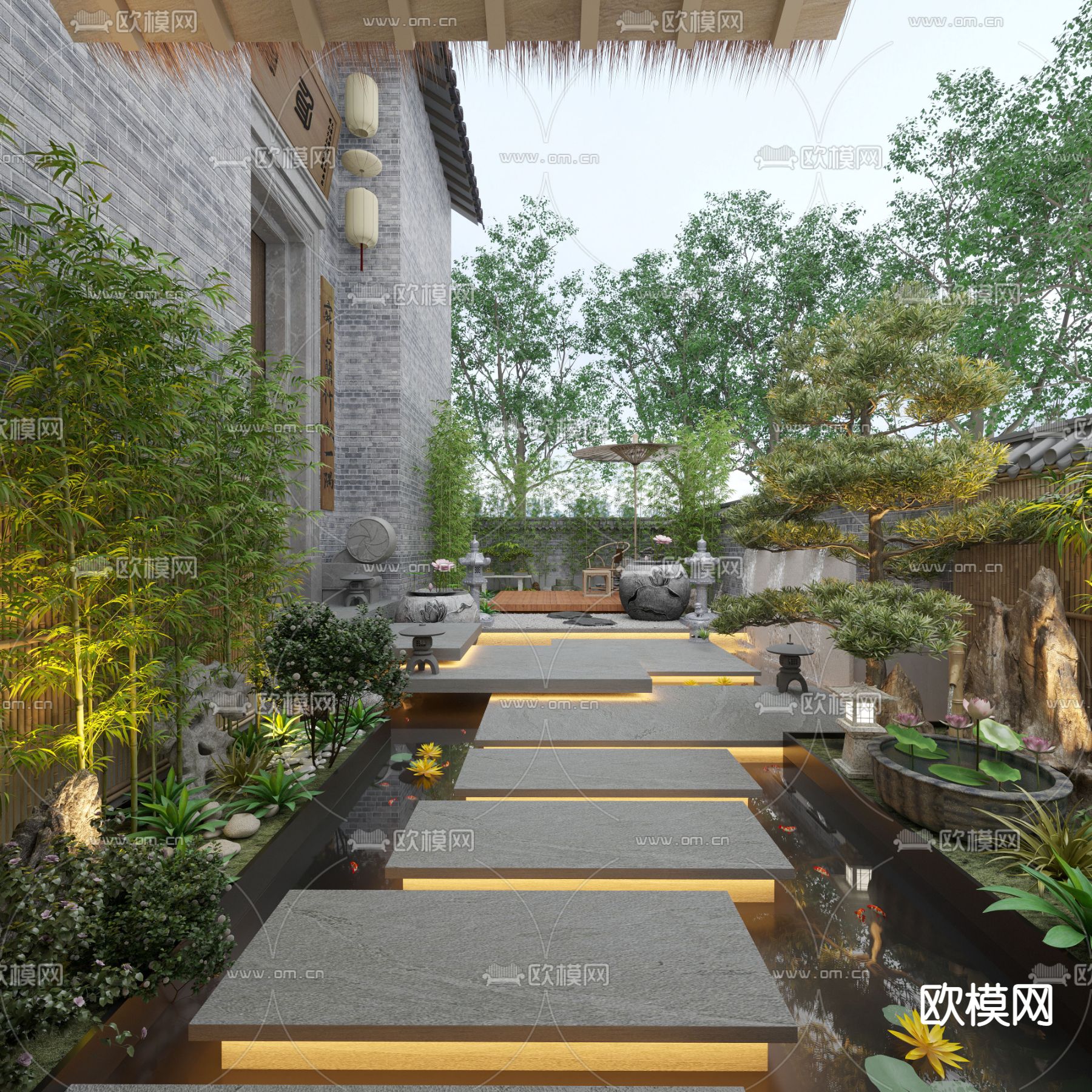 新中式别墅庭院3d模型下载（渲染图1）