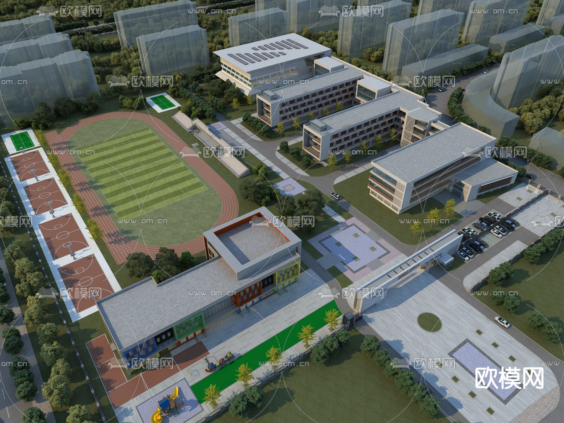 现代学校鸟瞰规划3d模型下载