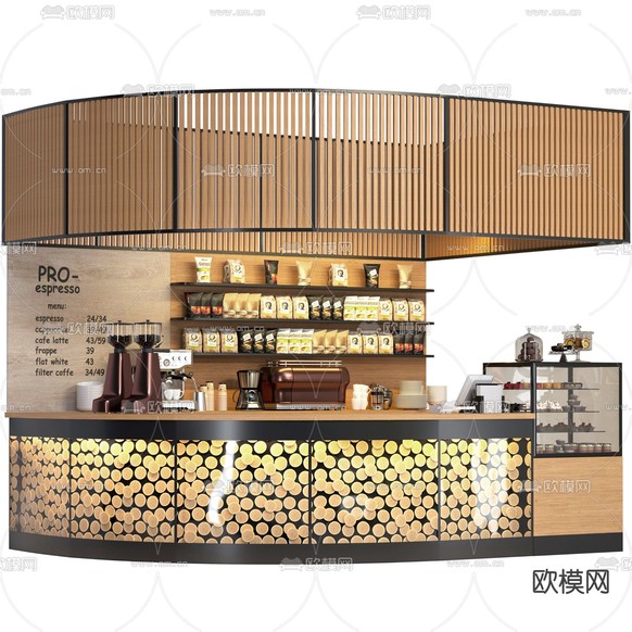现代咖啡吧水吧区3d模型下载(渲染图1)