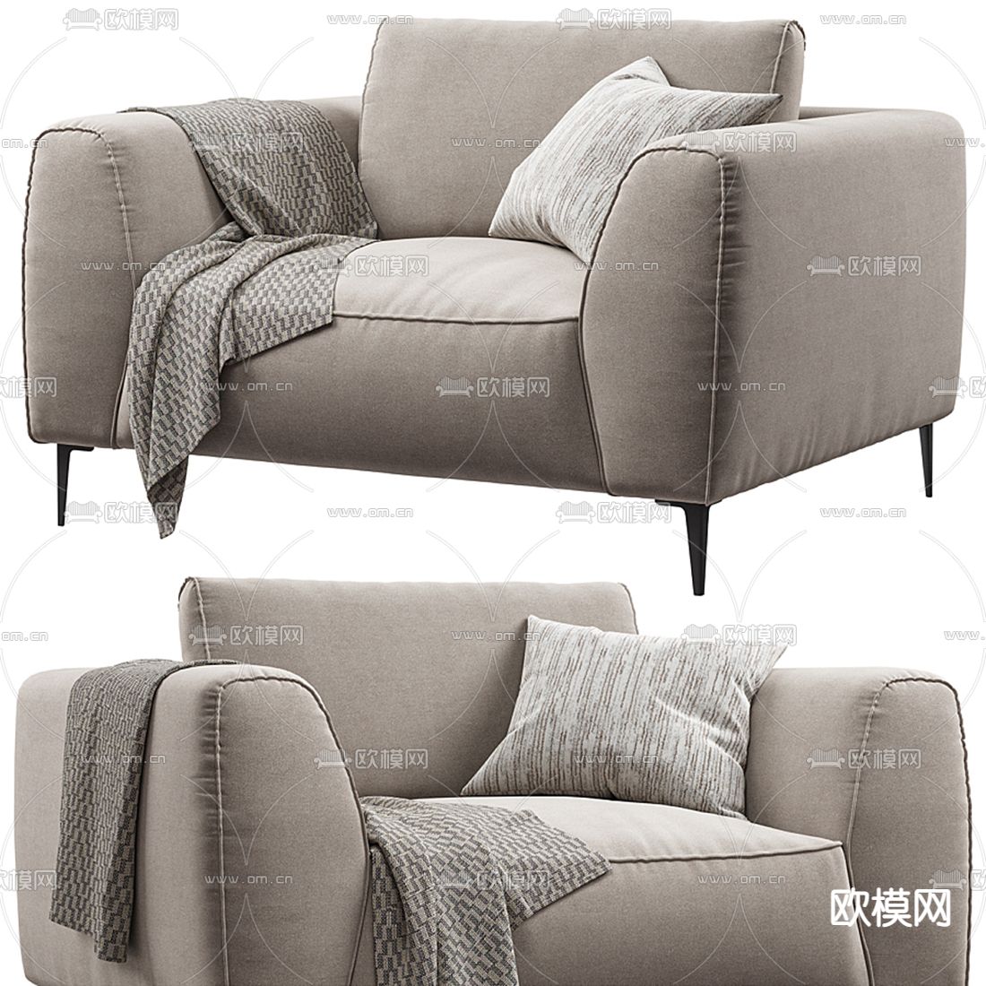 现代布艺单人沙发3d模型下载（渲染图1）