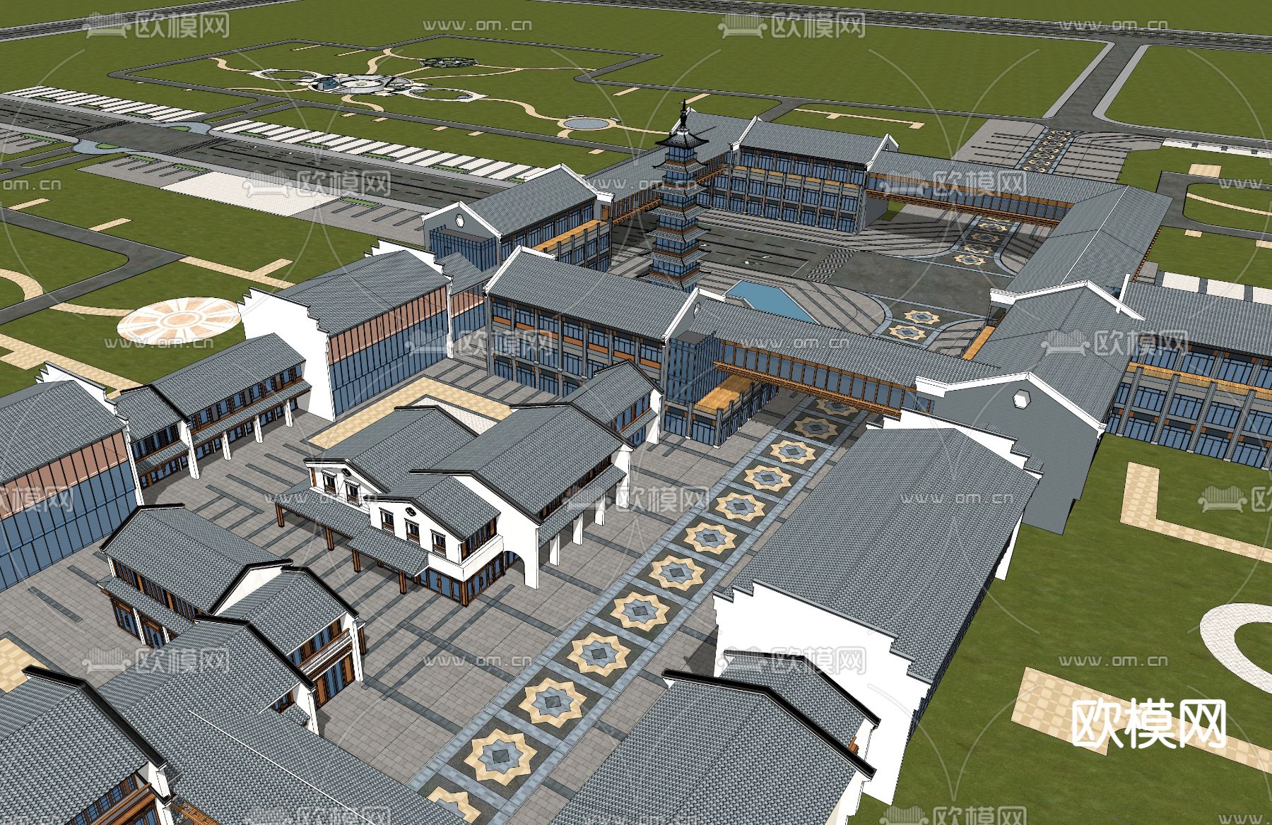 中式商业街su模型下载（渲染图2）