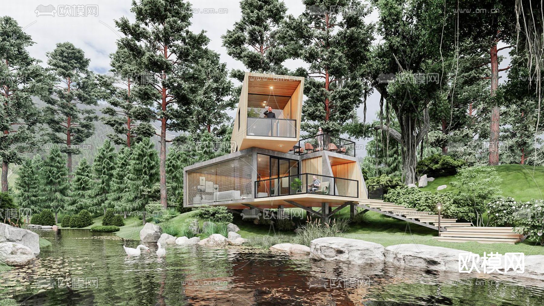 现代集装箱民宿su模型下载（渲染图1）