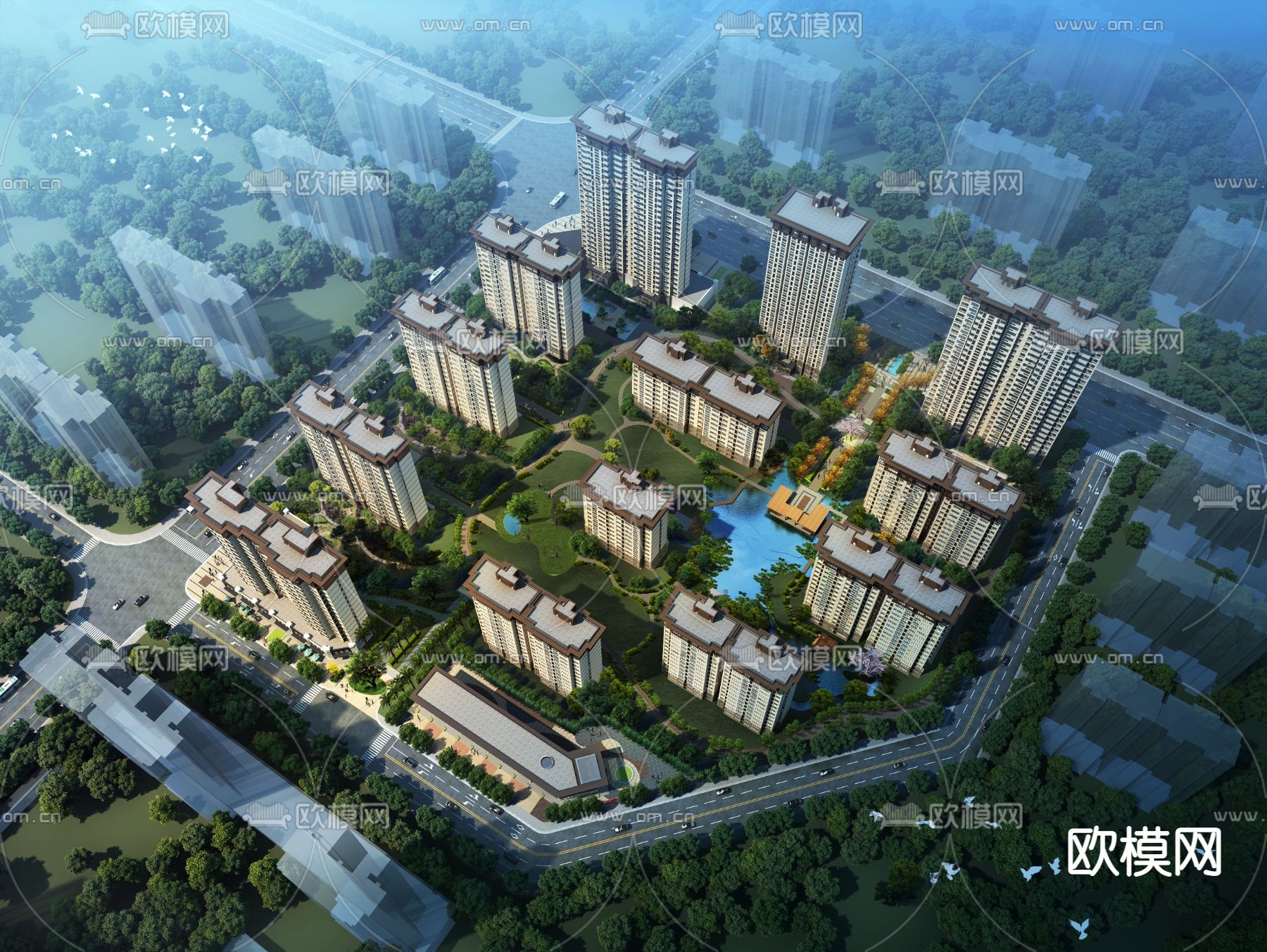 新中式住宅小区鸟瞰3d模型下载