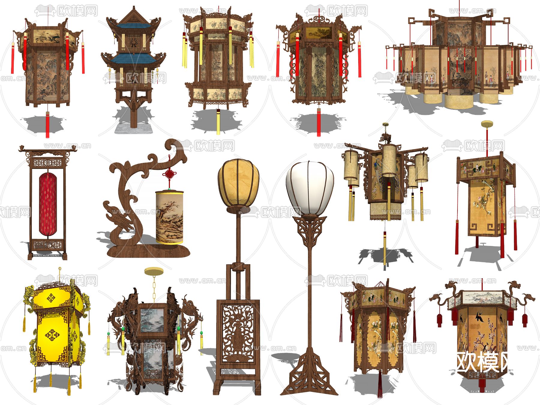 中式六方宫灯su模型下载