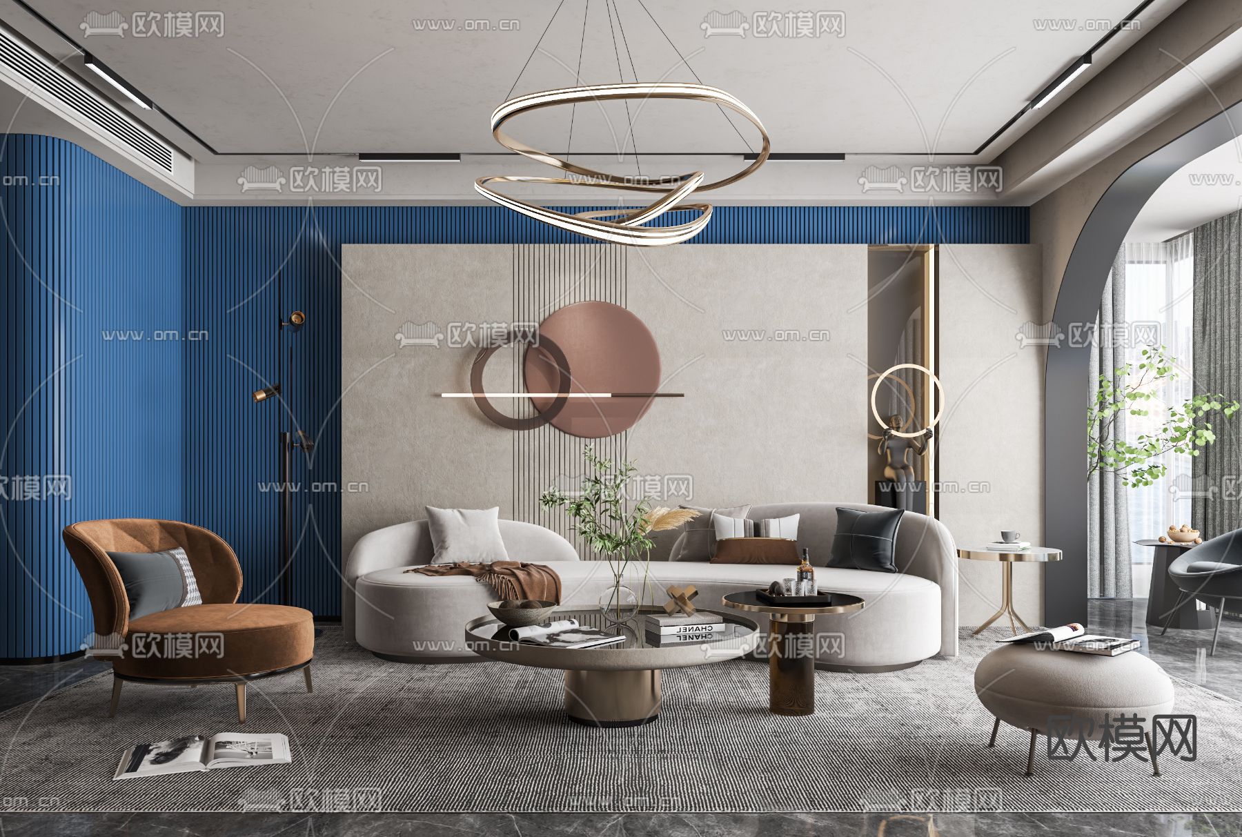 侘寂布艺沙发组合su模型下载（渲染图1）