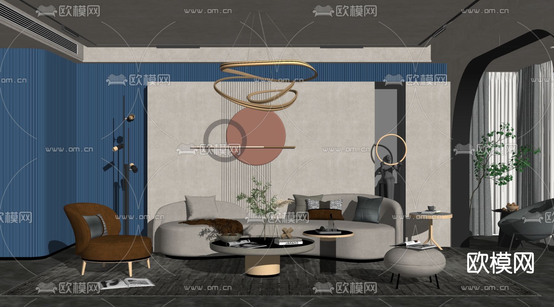 侘寂布艺沙发组合su模型下载（渲染图2）