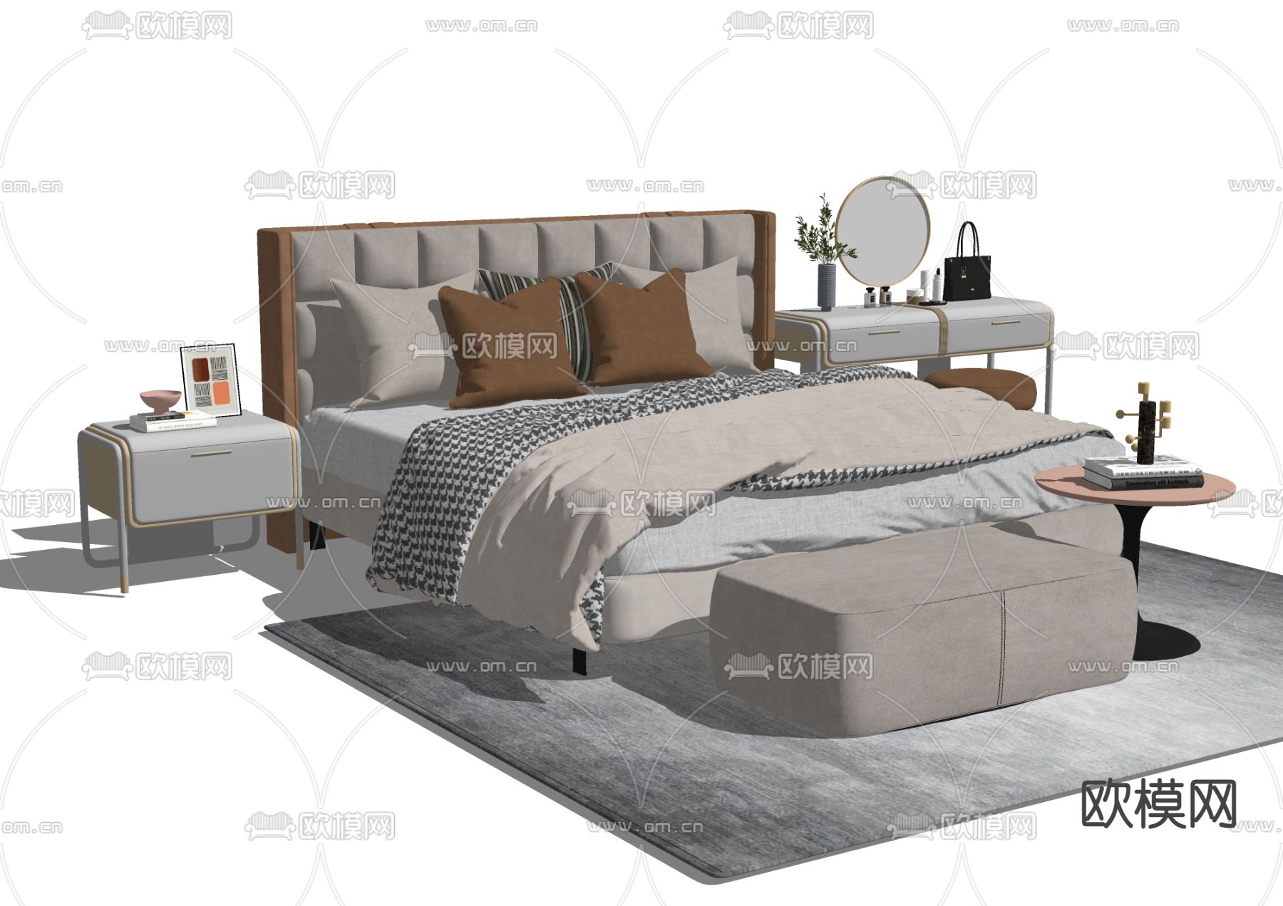 现代双人床su模型下载（渲染图2）