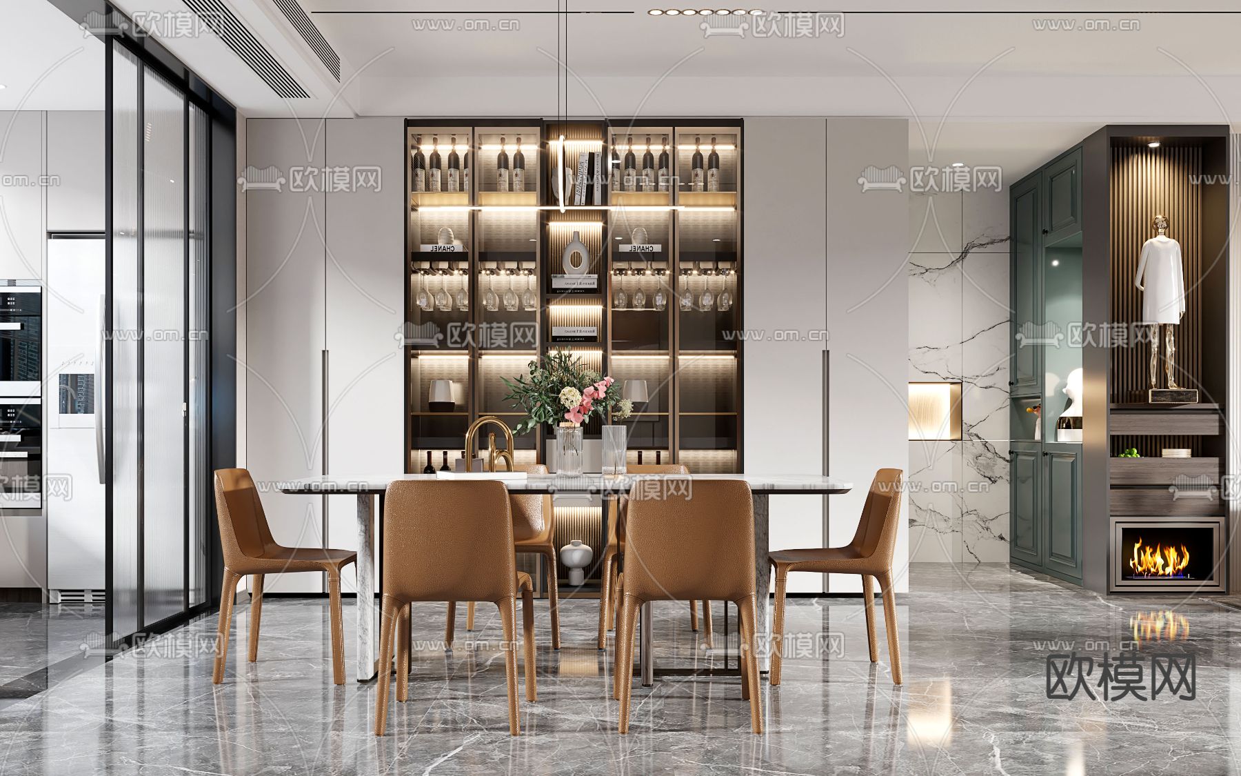 现代轻奢客餐厅3d模型下载（渲染图2）