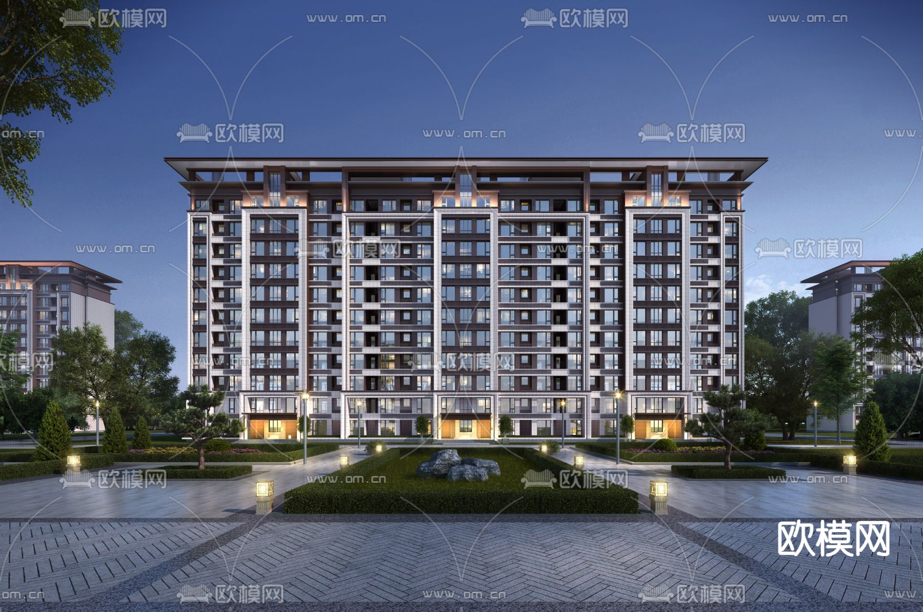 欧式住宅小区夜景建筑外观3d模型
