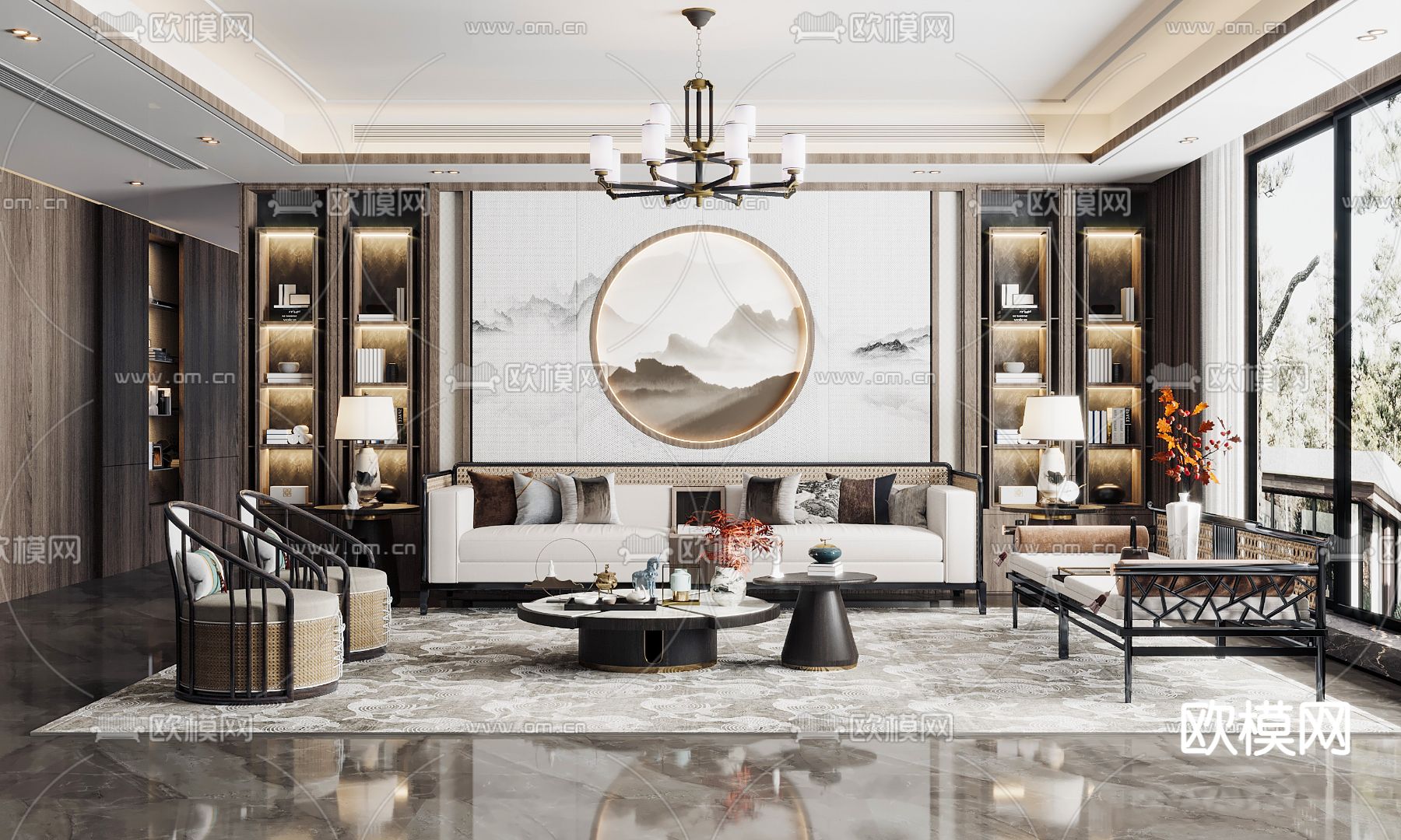 新中式布艺组合沙发3d模型下载