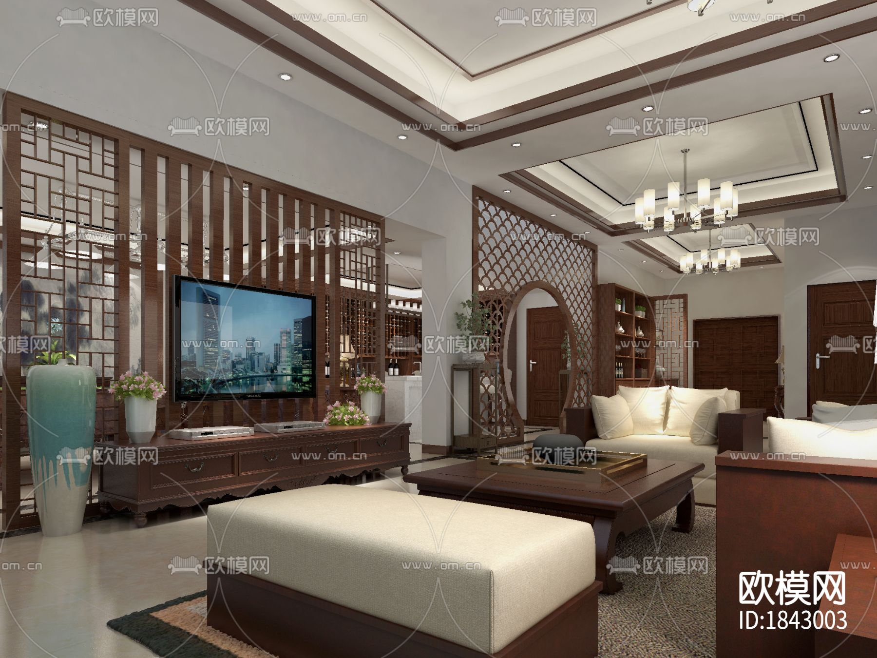 中式别墅cad施工图下载（渲染图2）