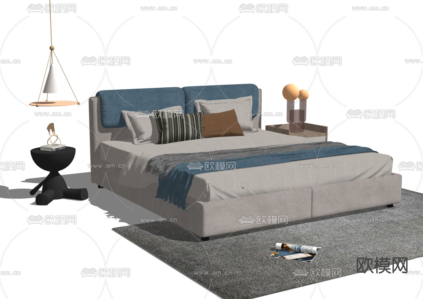 现代布艺双人床su模型下载（渲染图2）