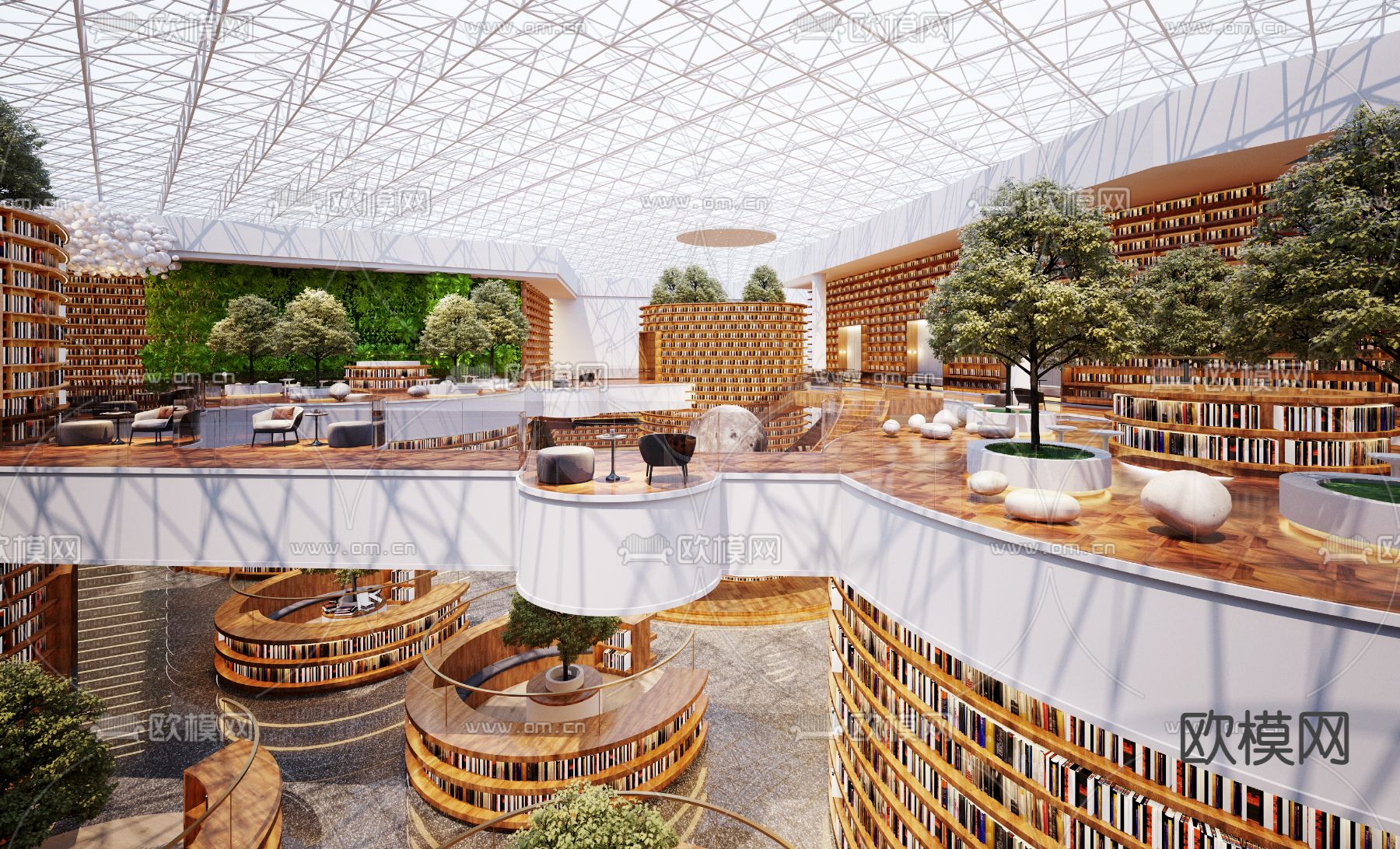 现代图书馆书吧3d模型下载（渲染图2）