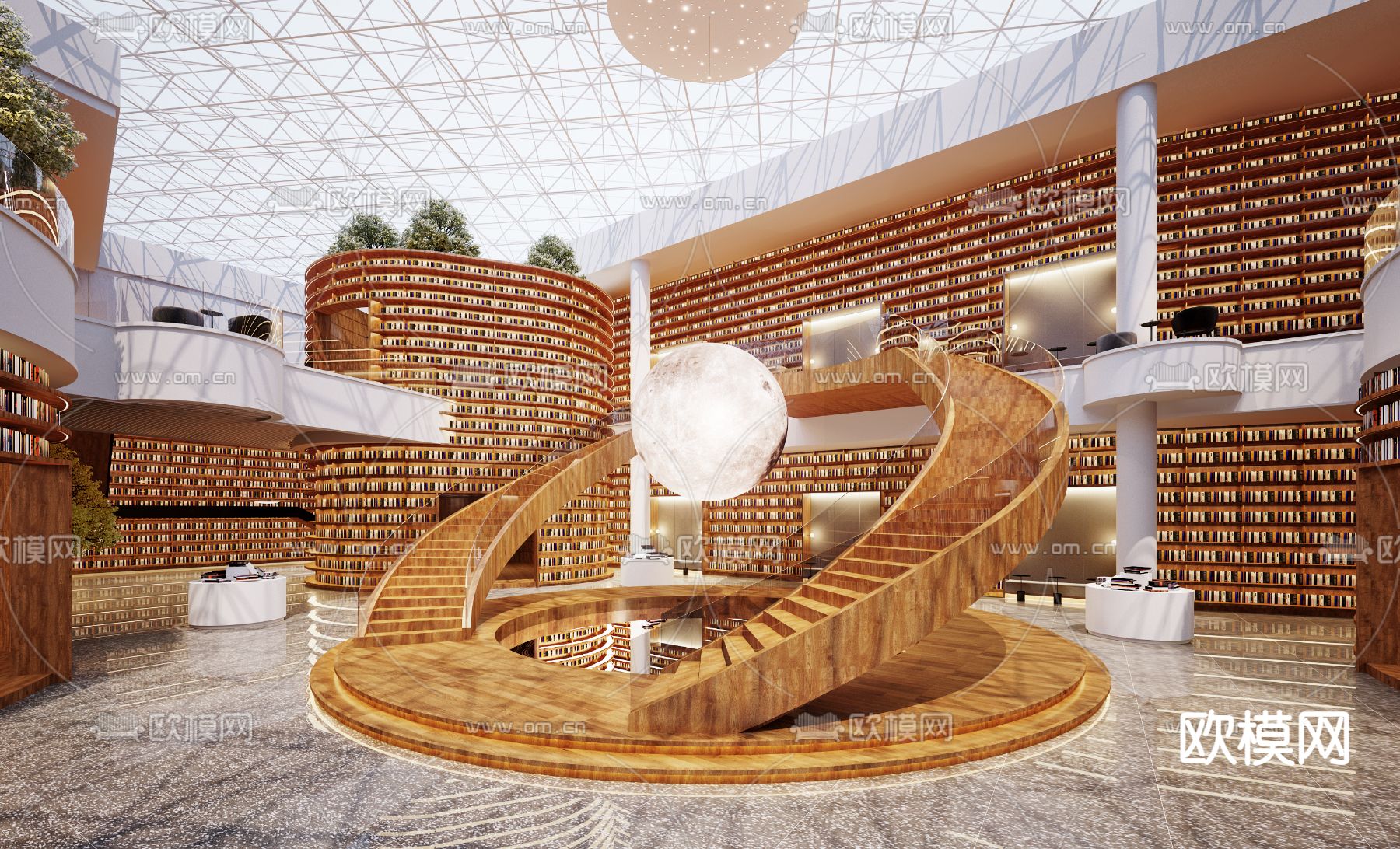 现代图书馆书吧3d模型下载（渲染图1）